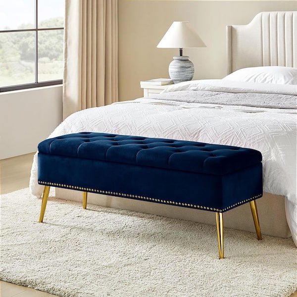 JAYDEN CREATION Hippolytus Classic Navy 45.5 in. Polyester Button-Tufted Storage Bedroom Bench with Nailhead Trim
