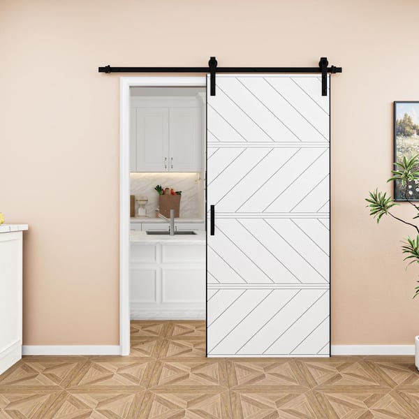 EH PUERTA 36 in. x 84 in. Paneled 4 Segments Wave Design White MDF Prefinished Barn Door Slab with Installation Hardware Kit