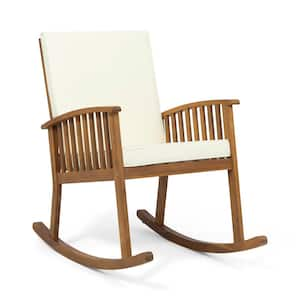 Brown Acacia Wood Outdoor Rocking Chair with Beige Cushions for Porchand Backyard.