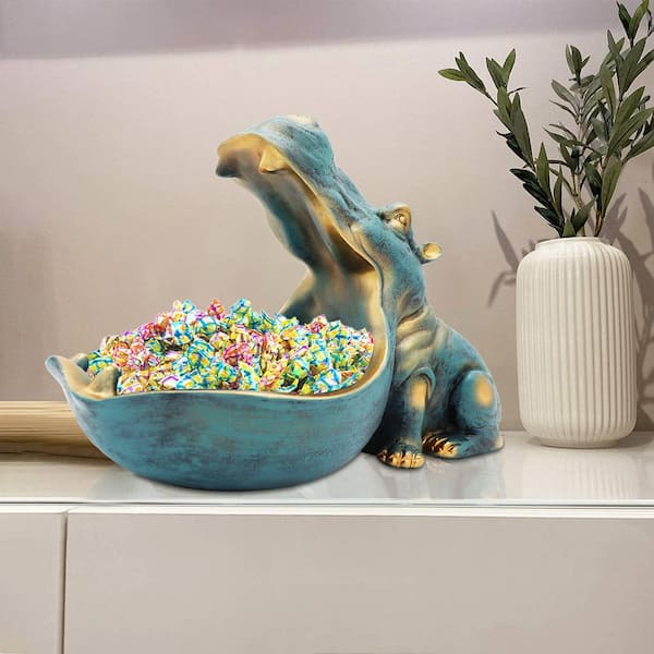 Angel Sar 11.8 in. x 6.5 in. x 8.7 in. Dark Blue Large Hippopotamus Resin Sculpture Decor Box Candy Jar Key Bowl