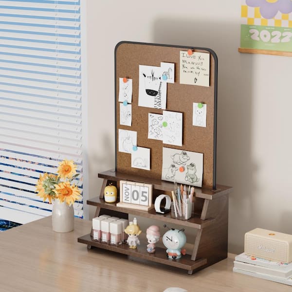 Brown 15.4 in. x 15.2 in. Wood Decorative Stand with Magnetic Display Board, 2-Tier Storage Shelf for Home Office