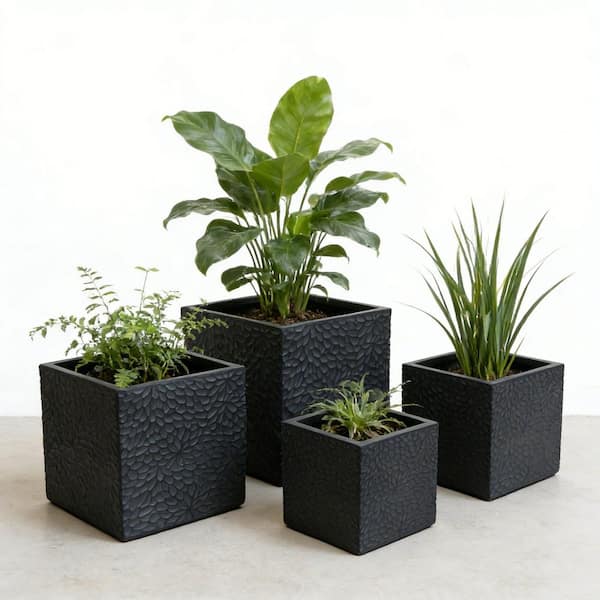 GDFStudio Set of 4 Grey Square Magnesium Oxide Planters with Drainage Holes for Indoor Outdoor Garden Patio one_size | 369492