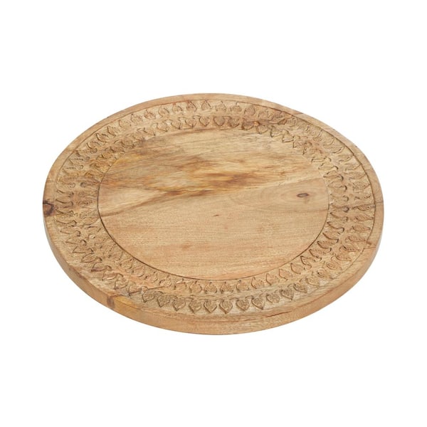 Photo 1 of 15 in. Wooden Lazy Susan Cake Stand, Round With Carvings, Brown