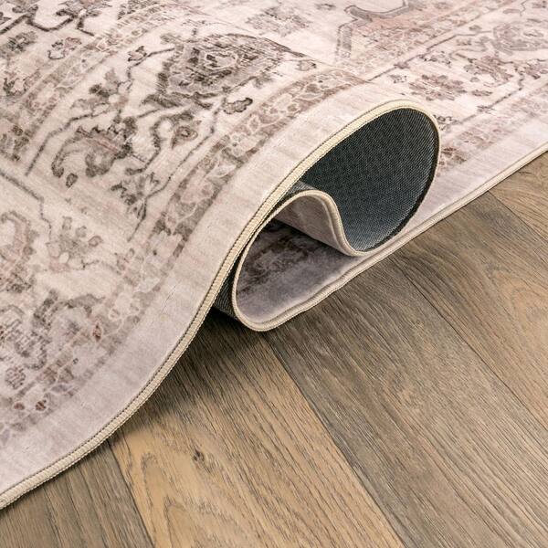 Vintage Medallion Ivory Cream Machine Washable Non-Slip PVC Backing Area Rug 5' x 7' Cream