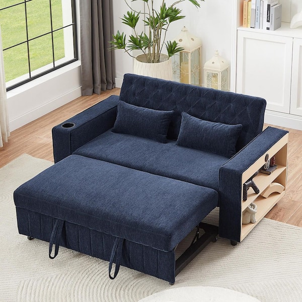 Harper & Bright Designs 61.4 in. Modern Blue Tufted Chenille Convertible Twin Sofa Bed with Pull-Out Sleeper, Storage Shelves, Cup Holder