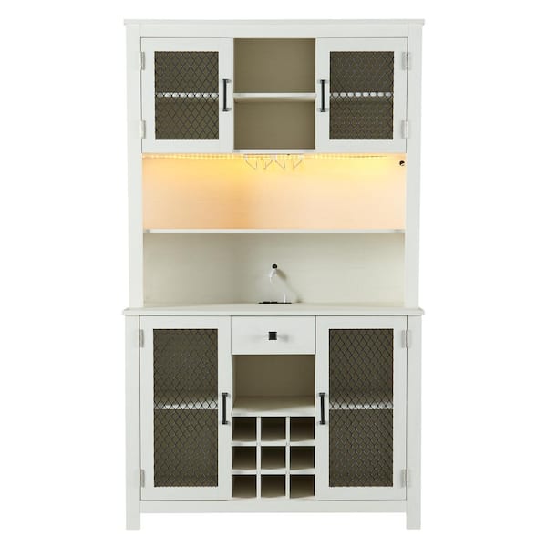 Antique White Wood 41.7 in. W Farmhouse Kitchen Pantry Cabinet with LED Outlets, Shelves and Wine Rack
