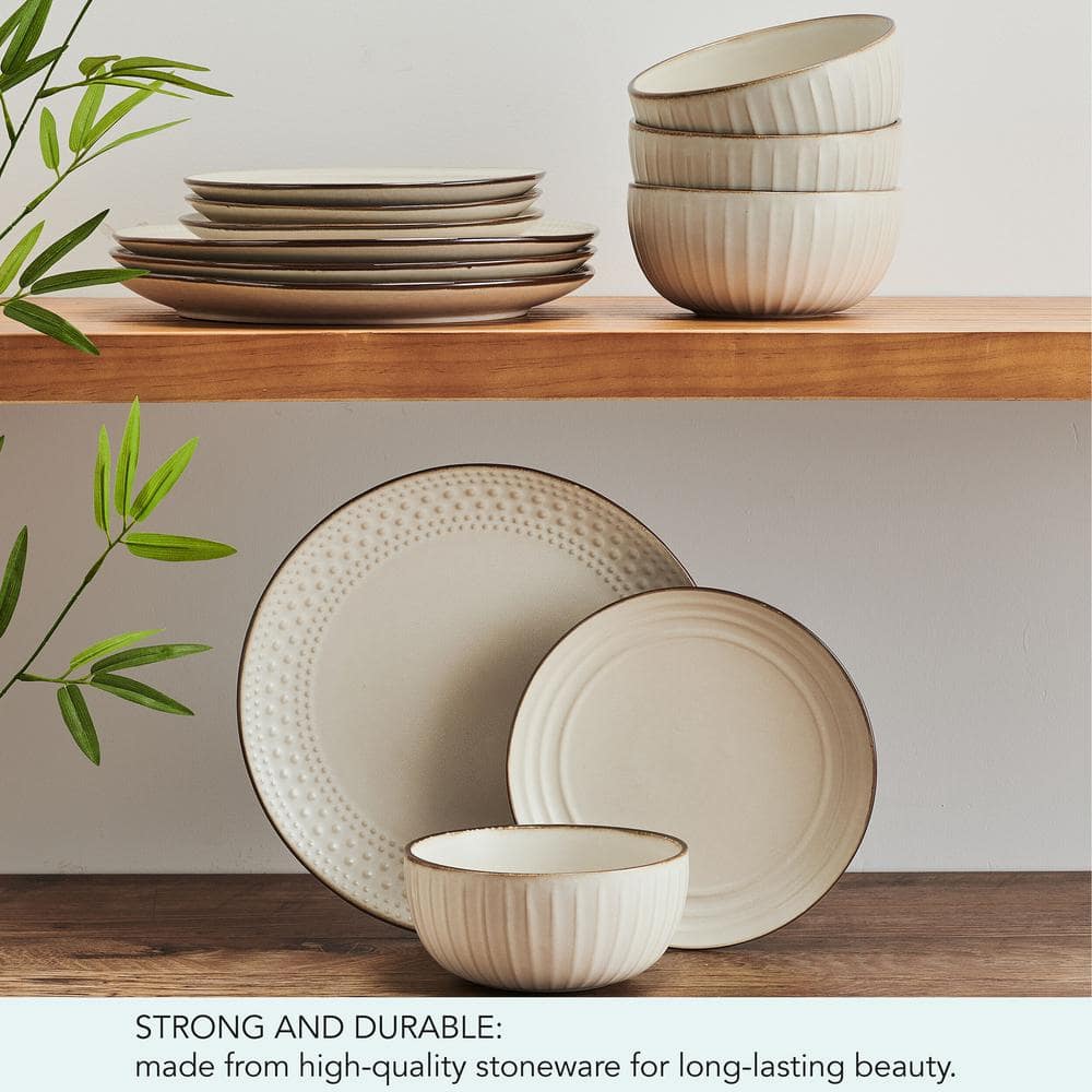 Beige Ceramic 12-Piece Dinnerware Set with Beaded Design