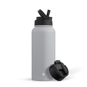 32 oz. Grey Vacuum Insulated Stainless Steel Water Bottle with Flip Lid and Sport Straw Lid