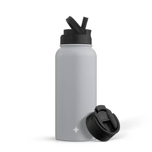 JoyJolt 32 oz. Grey Vacuum Insulated Stainless Steel Water Bottle with Flip Lid and Sport Straw Lid