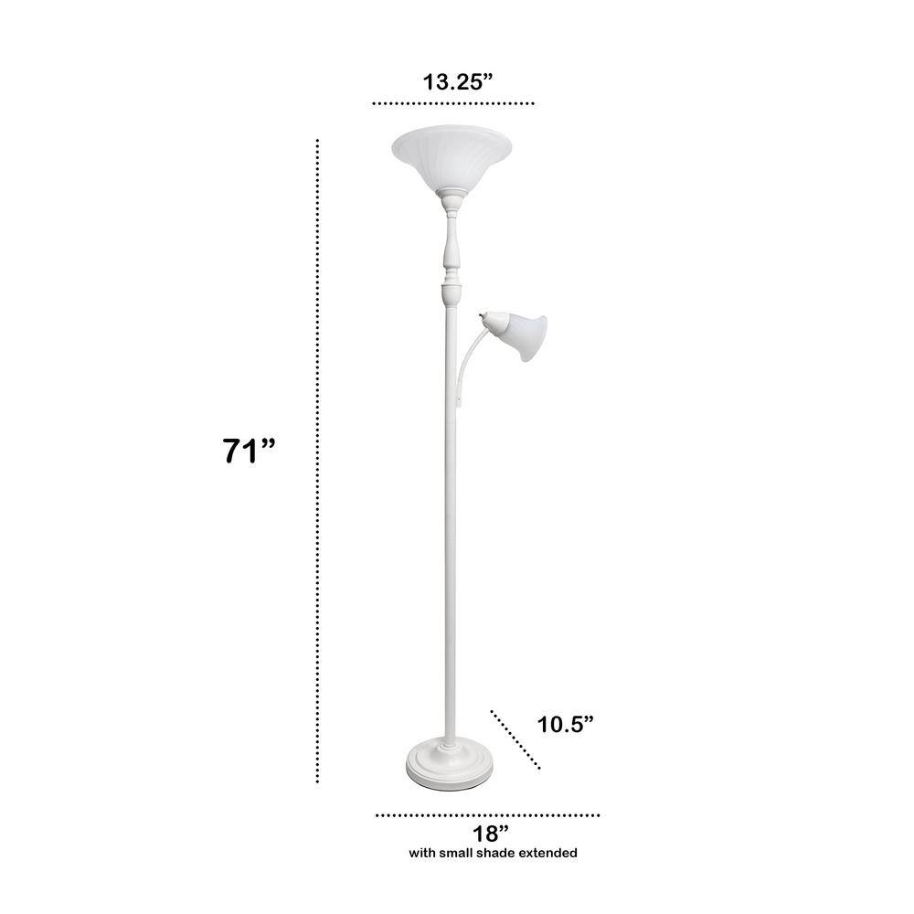 Elegant White Torchiere Floor Lamp with Marble Glass Shade and Reading Light