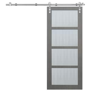 36 in. x 84 in. 4-Lite Driftwood Clear Coat Interior Sliding Barn Door with Round Stainless Steel Hardware Kit