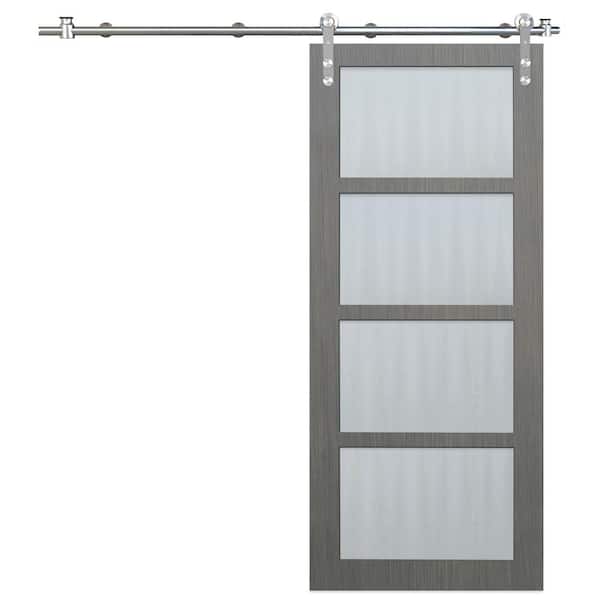 Pacific Entries 36 in. x 84 in. 4-Lite Driftwood Clear Coat Interior Sliding Barn Door with Round Stainless Steel Hardware Kit