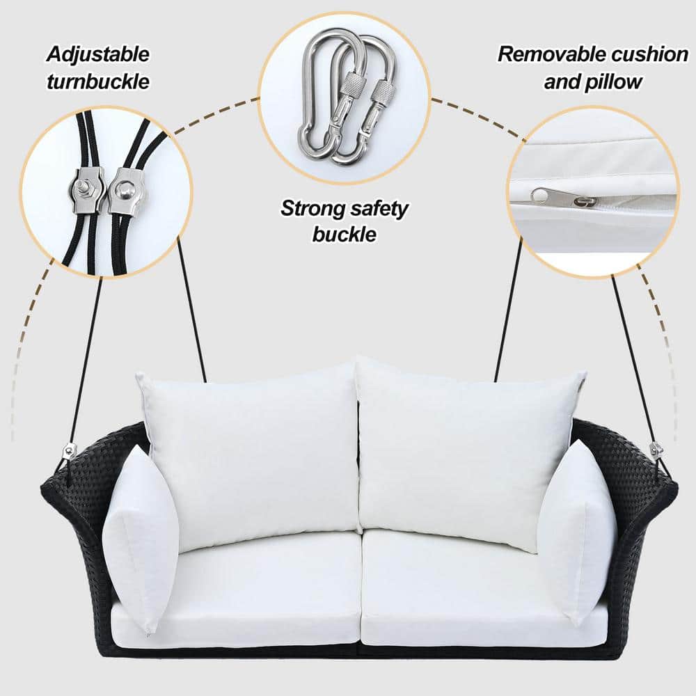 Black Woven Wood Porch Swing with White Cushions, Seats 2