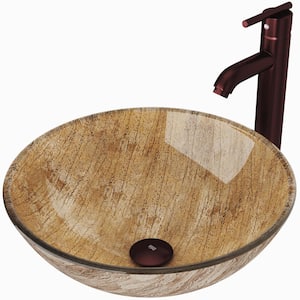 Glass Round Vessel Bathroom Sink in Wooden Brown with Seville Faucet and Pop-Up Drain in Oil Rubbed Bronze