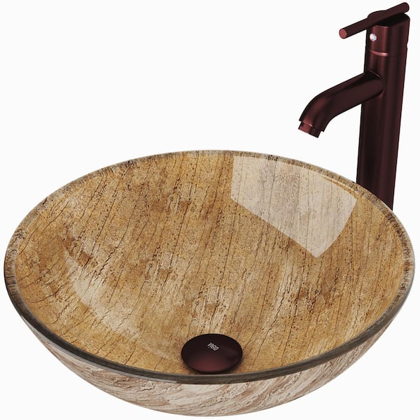 VIGO Glass Round Vessel Bathroom Sink in Wooden Brown with Seville Faucet and Pop-Up Drain in Oil Rubbed Bronze