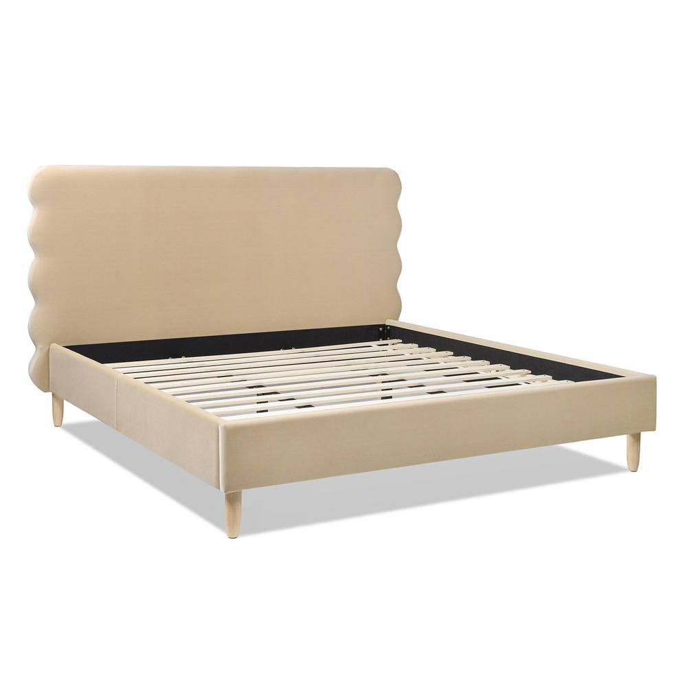 King Fawn Brown Velvet Upholstered Platform Bed with Wavy Headboard