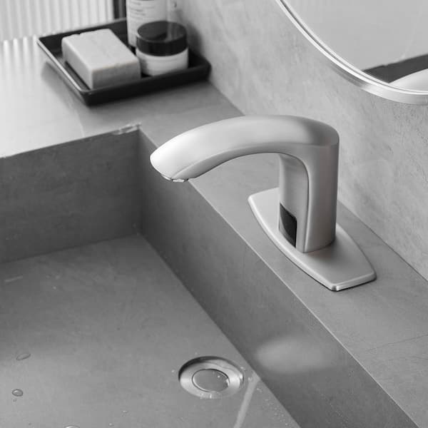Touchless Single Hole Bathroom Sink Faucet with Deck Plate in Brushed Nickel, Automatic Motion Sensor Faucet