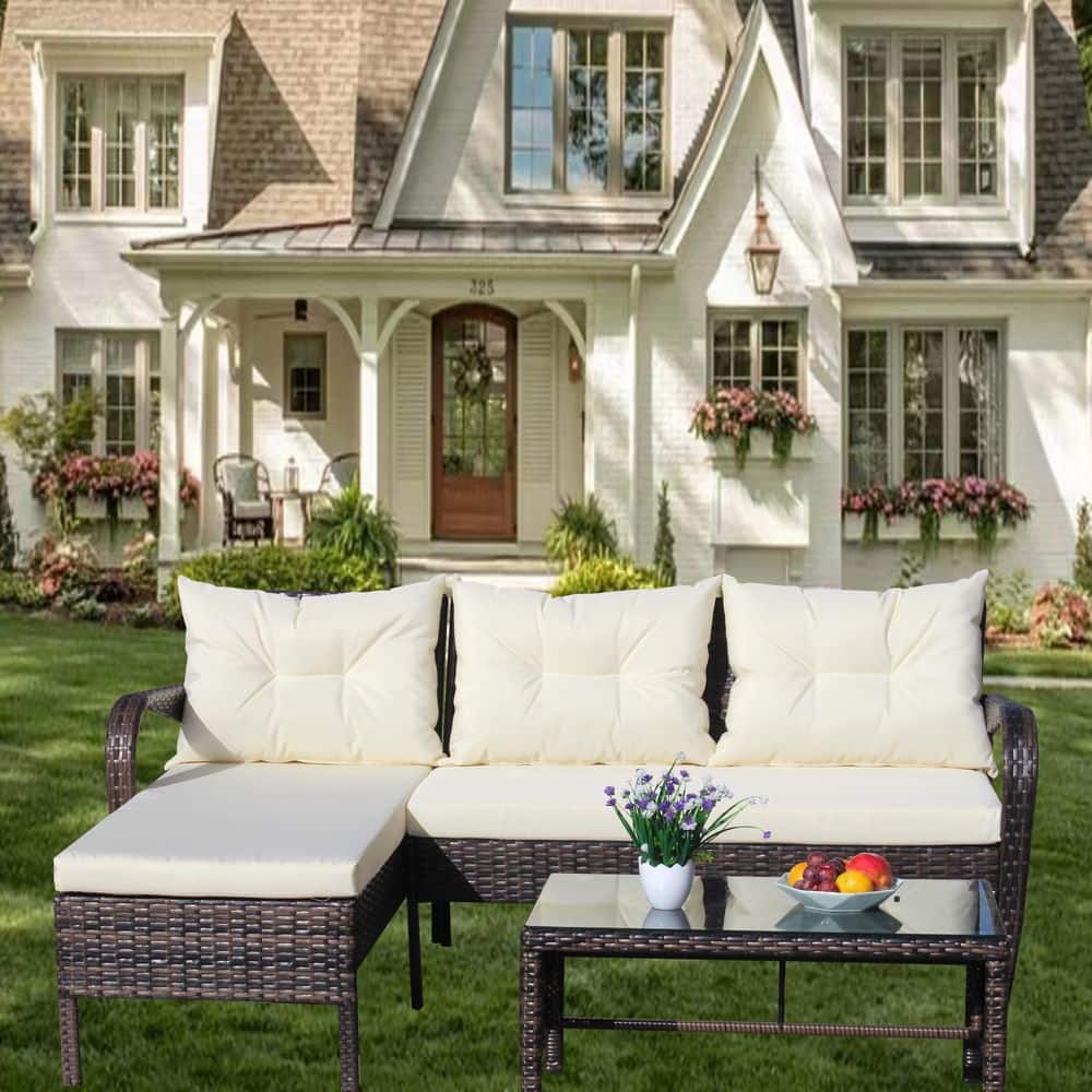 3-Piece Patio Wicker Outdoor Sectional Set with 2-Seat Cushions and 3-Back Cushions, Beige price history on PriceWatchPro