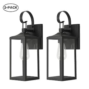 Castle 1-Light 16 in. Outdoor Hardwired Wall Lantern Sconce with Matte Black Finish and Clear Glass Shade(2-Pack)