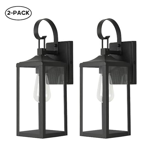 Hukoro Castle 1-Light 16 in. Outdoor Hardwired Wall Lantern Sconce with Matte Black Finish and Clear Glass Shade(2-Pack)