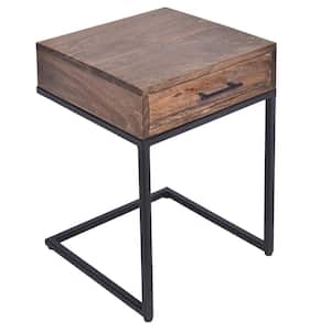 Evie 16.5 in. Brown and Black Square Mango Wood Side Table with Drawer and Cantilever Metal Base