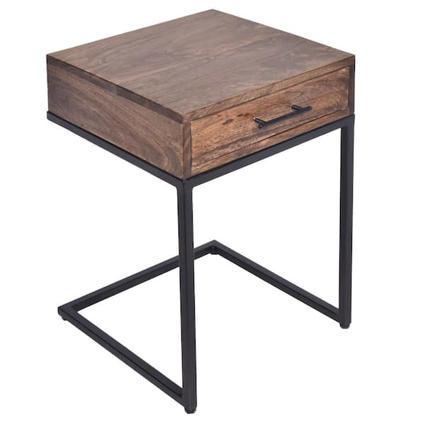 THE URBAN PORT Evie 16.5 in. Brown and Black Square Mango Wood Side Table with Drawer and Cantilever Metal Base