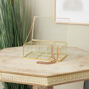 Clear Glass 6 Slot Jewelry Box with Gold Metal Frame and Chain Accent