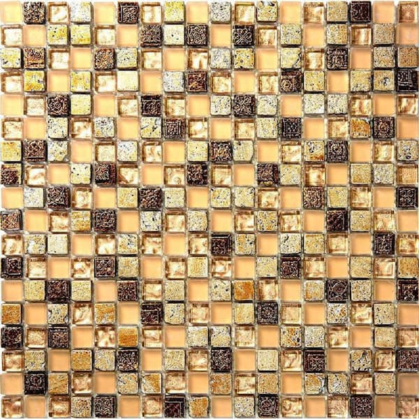 Apollo Tile Beige and Brown 4 in. x 5 in. Square Polished Glass and Stone Mosaic Tile Sample (0.13 sq. ft./Piece)