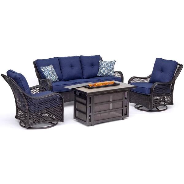 Hanover Orleans 4 Piece Wicker Patio, Outdoor Furniture Set With Fire Pit Table