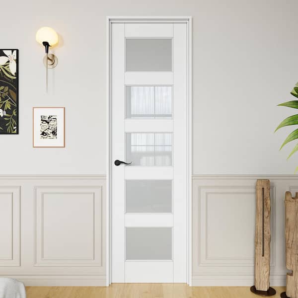24 in. x 80 in. Right-Handed 5 Lite Frosted Glass White Finished Solid Core MDF Single door Kit with Quick Assemble Jamb