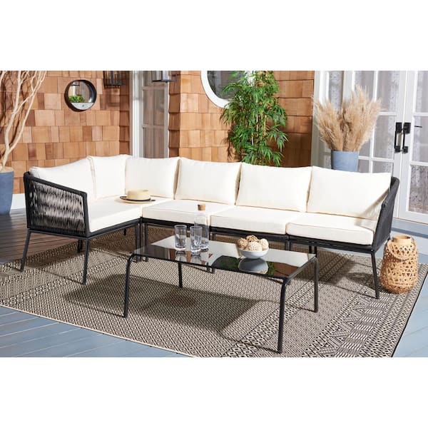 SAFAVIEH Remsin Black Wicker Outdoor Patio Sectional with Beige