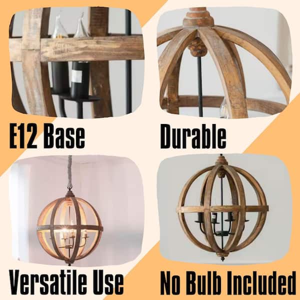 Pratt Series 4-Light Brown Wood and Black Iron Globe Frame Round Chandelier for Dining Room or Foyer