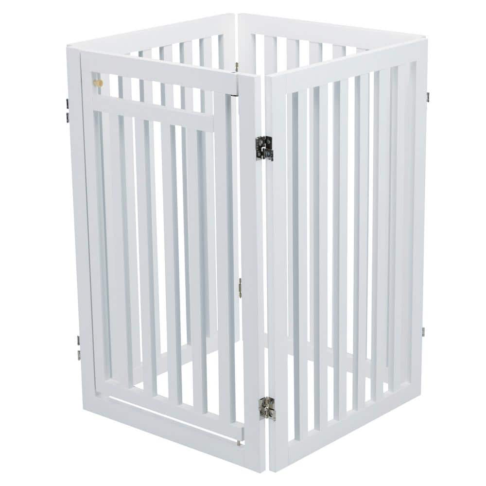 White Freestanding 4-Panel Wooden Pet Gate with Walk-Through Door