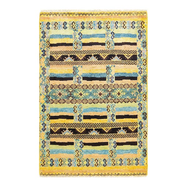 Solo Rugs Modern One-of-a-Kind Contemporary Yellow 4 ft. 2 in. x 5 ft. 10 in. Striped Area Rug