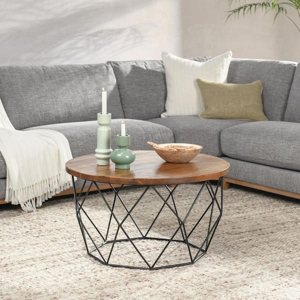 Quindra Mid-Century Modern 32 in. Brown Round Solid Wood Coffee Table, Black Geometric Metal Base