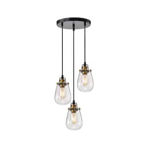Sabine 3-Light Modern Black and Antique Gold Industrial Pendant with Clear Glass Shade