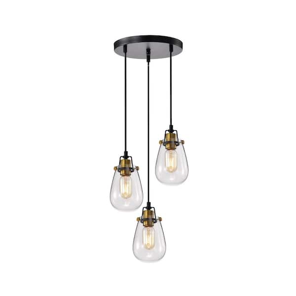 Edvivi Sabine 3-Light Modern Black and Antique Gold Industrial Pendant with Clear Glass Shade