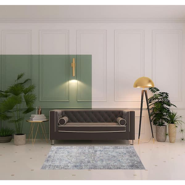 Light Grey and Blue 4 ft. x 6 ft. Oriental Power Loom Distressed Washable Area Rug