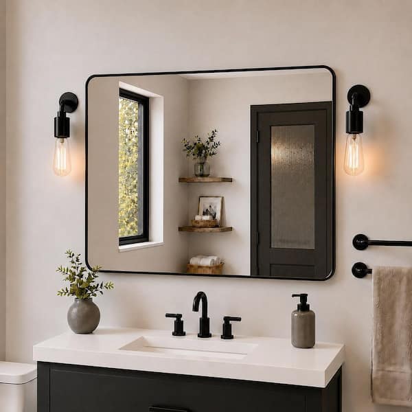 48 in. W x 36 in. H Rectangular Framed Wall Bathroom Vanity Mirror in Matte Black