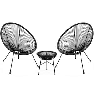 Black 3-Pieces Outdoor Acapulco Woven Plastic Lounge Chair with 2 Chair and Glass Top Table