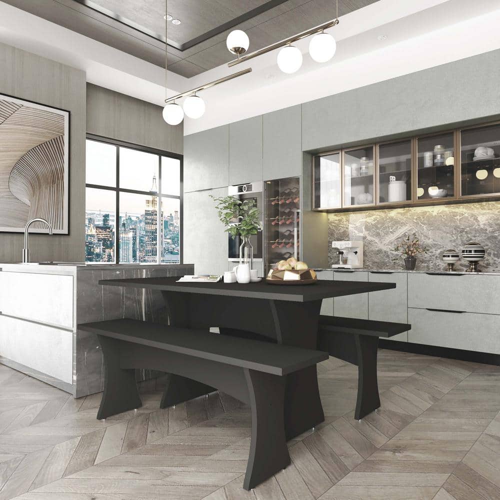 Coney 3-Piece Rectangle Grey Mid-Century Modern MDF Wood Top Dining Room Set Seats 4