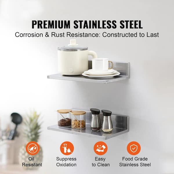 8.6 in. x 16 in. Stainless Steel Wall Mounted Shelf, Floating Shelving with Backsplash, 44 lbs. Load Capacity.Silver.