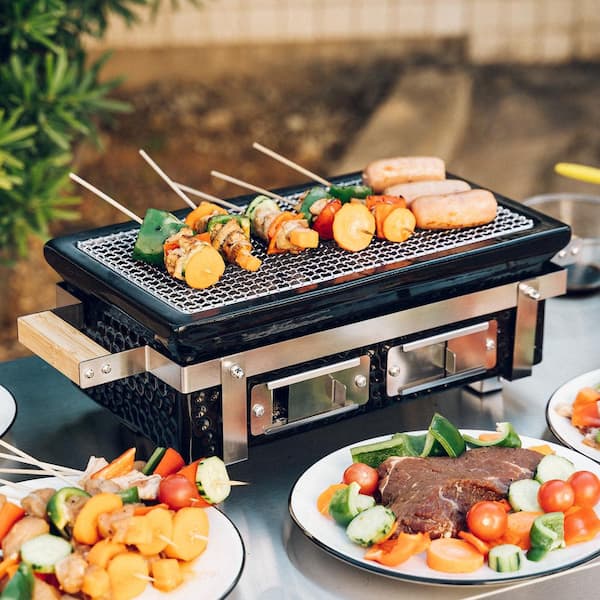 Hitechluxe Portable Charcoal Hibachi Grill in Black with Grid