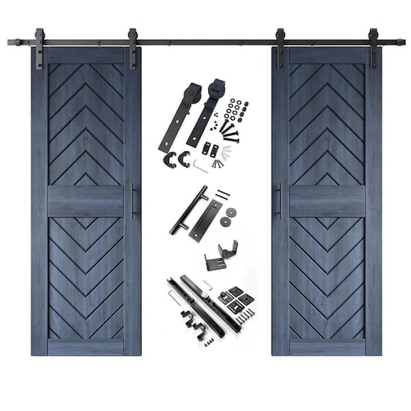 JT2 26 in. x 84 in. C-Panel Navy Fishbone Design Double Pine Wood Sliding Barn Door with Hardware Kit