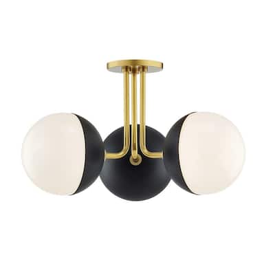 Renee 11 in. 3-Light Aged Brass/Black Semi-Flush Mount with Opal Glossy Shade