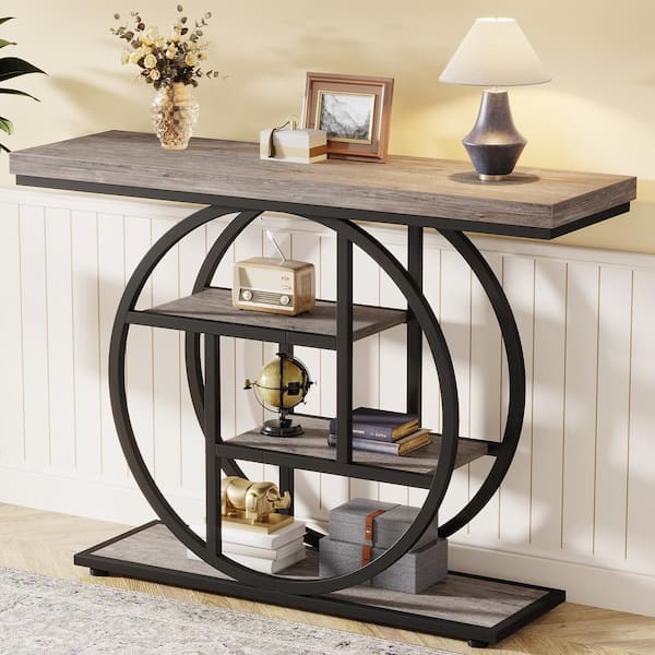 BYBLIGHT Turrella 41.3 in. Gray Rectangle Wood Console Table, Industrial 4-Tier Sofa Table Entryway Table with Circle Bas