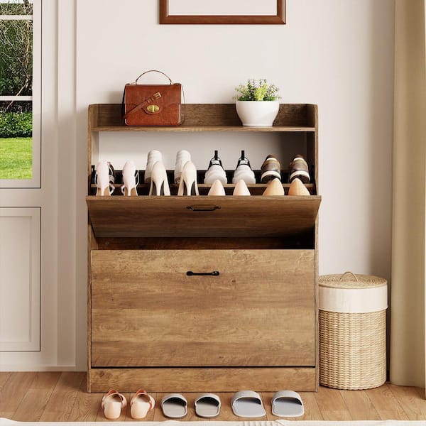 40 in. H x 31.5 in. W Brown Particleboard Shoe Storage Cabinet with 2-Flip Drawers, 16-Pairs Shoe Cabinet for Entryway