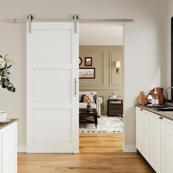ARK DESIGN 32 in. x 80 in. White Primed 3 Lite Pattern Paneled MDF Sliding Barn Door with Hardware Kit Nickel Plated