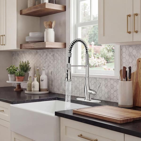 Akicon Brushed Nickel 18.12 in. H Single-Handle Pull-Down Sprayer Kitchen Faucet with 360° Spout Swivel