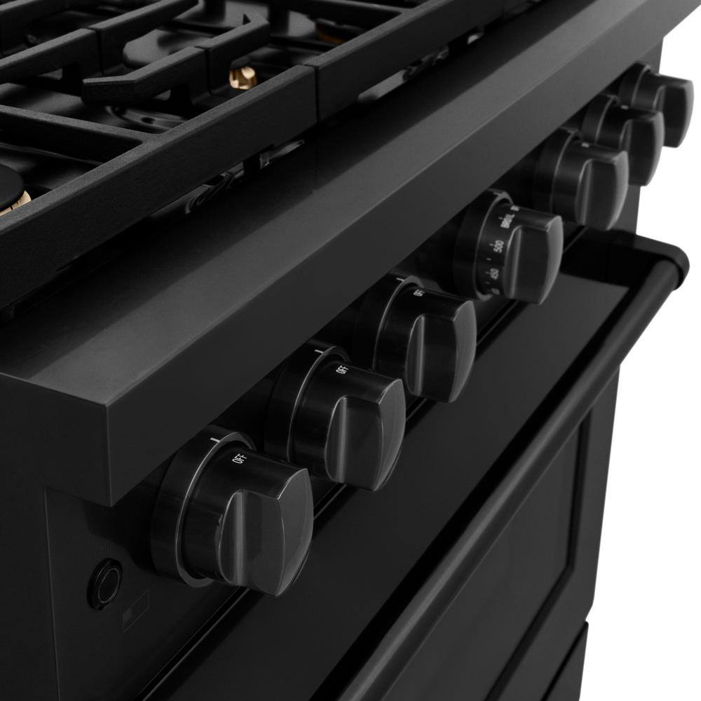 36" Black Stainless Steel Gas Range with Convection Oven and Brass Burners